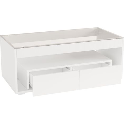 Rechteckiger LED-Couchtisch 100x50x40 cm, gehärtetes Glas, 2 Schubladen, Weiß (1/5)