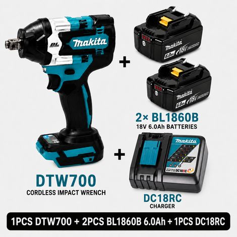 Makita DTW700 18V Akku-Schlagschrauber, Brushless, mit 2× Makita BL1860B 6,0Ah Akkus und DC18RC Ladegerät