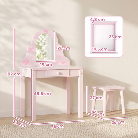 Coiffeuse bureau 2-en-1 enfant fille rose, avec miroir détachable et tabouret, rangement tiroir, pour 3-6 ans (1/5)
