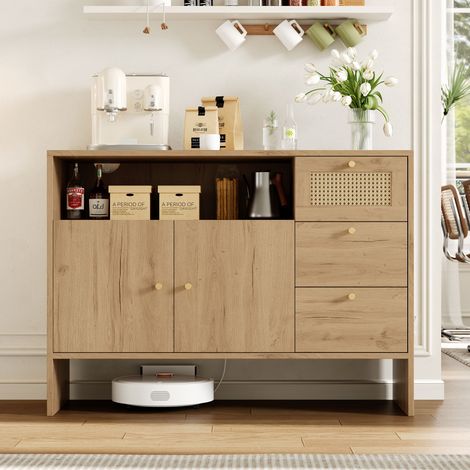 Credenza in truciolare color naturale con 2 ante, 3 cassetti e vano aperto, inserti in rattan 105 x 40 x 76 cm