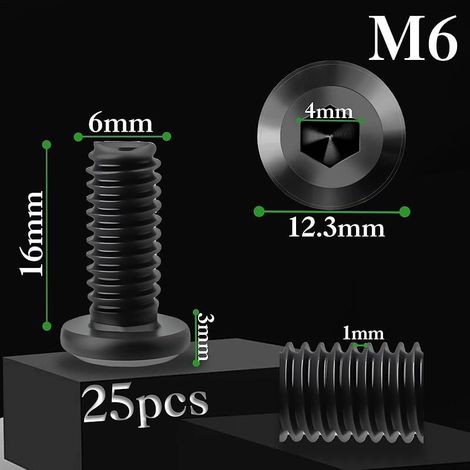 25 vis à tête plate noire M6 x 16 mm, boulons A2 V2a en acier inoxydable M6, vis cylindriques à tête plate Allen avec clé hexagonale, adaptées aux appareils ménagers et aux machines industrielles. (1/5)