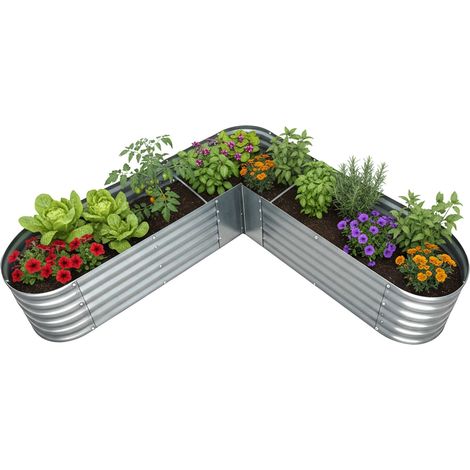 Relaxdays raised bed, L-shaped, galvanised steel, HxWxD: 43x203x203 cm, for veg, herbs, flowers, silver