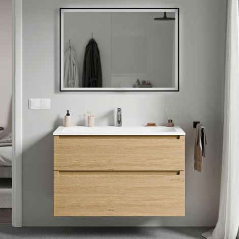 BERNSTEIN - Mobile lavabo sospeso MDF rovere miele, lavello Ghisa bianco opaco + foro rubinetto, cassetti girevoli - 100x46x62cm - VIREO	Rovere Miele Oro, Bianco opaco con foro rubinetto