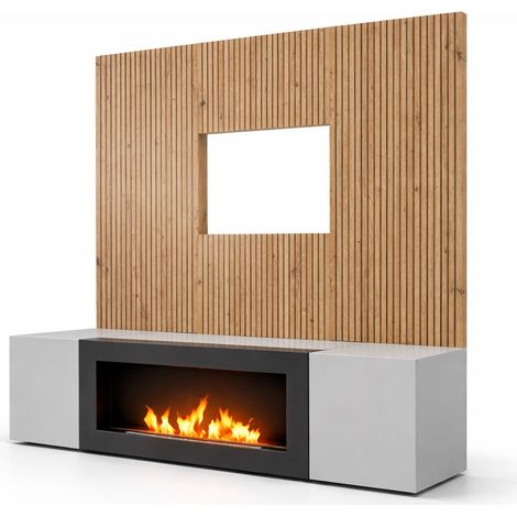Parete attrezzata mobile tv sospeso con biocamino e pannello grigio e rovere