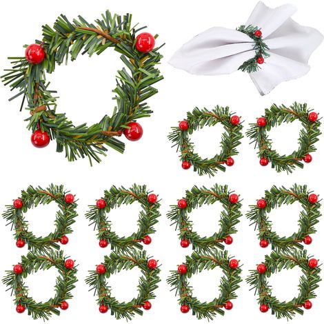 Lot de 12 ronds de serviette de Noël avec aiguilles de pin rouge et baies - Décorations de Noël pour banquet, réunions de famille, salle à manger (1/5)