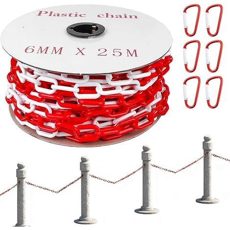 82ft 6mm Red and White Plastic Safety Chain with 6 Carabiners Plastic Chain Construction Safety Chain Link Chain for Safety (1/5)