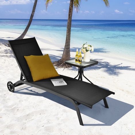 Garden Sun Lounger with Wheels 6 Positions Adjustable Chaise Lounge Deck Sunbed (1/5)