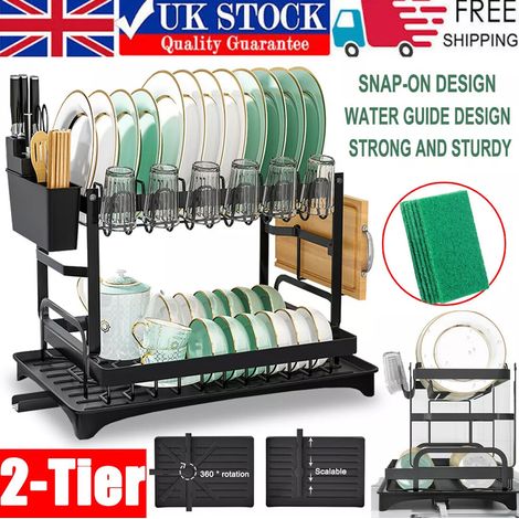 FLITI 2-Tier Carbon Steel Dish Drainer with Drip Tray, Cutlery Holder and Plate Holder, Black, 42x30x29cm (1/5)