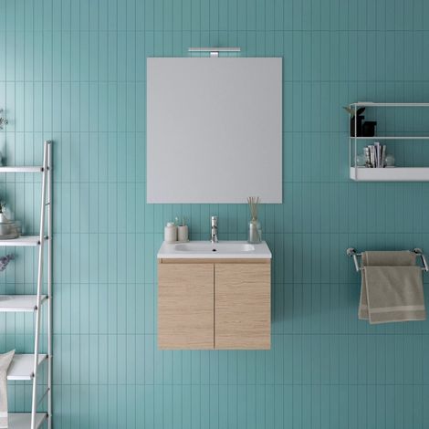 Meuble de salle de bain suspendu 60 cm en chêne clair avec lavabo et miroir Rata (1/4)