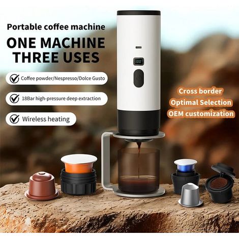 Macchina per caffè portatile 3 in 1, bianca - Ricaricabile e portatile - Macchina per caffè espresso da 12 V per capsule - Capacità aumentata - Lavorata a CNC - Caffè macinato e capsule - Ideale per c