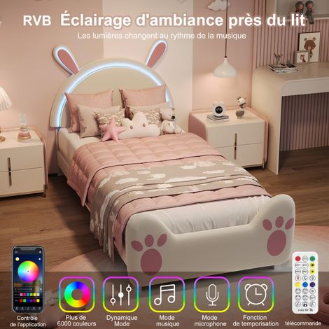 BSMGSGN-Lit enfant 90x200 cm, lit simple pour fille, cadre lapin en velours blanc et rose avec LED, sommier à lattes inclus, sans matelas (1/5)