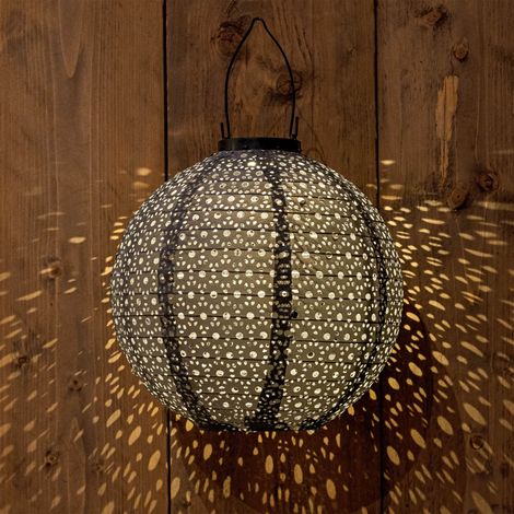 LED Solar Textil Lampion rund grau - 25 cm - Garten Deko Beleuchtung warm weiß