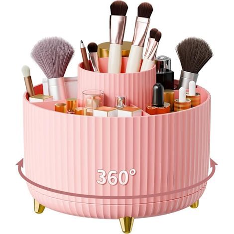 Porte-stylos rotatif à 360°, organiseur de bureau à 5 compartiments, boîte de rangement pour fournitures artistiques et de bureau, rose (1/5)