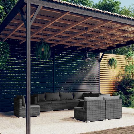 Salon de jardin modulable 9 pièces en résine tressée grise avec coussins anthracite, canapé d’angle et canapés centraux (1/5)