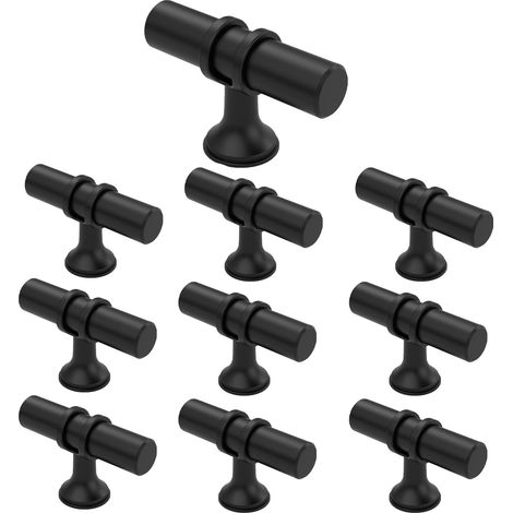 Paquete de 10 tiradores para armarios, de color negro mate, tipo T, con un solo orificio, para armarios de cocina y baño, tiradores para cajones de cómoda, de acero inoxidable, 5 x 1,2 x 3,4 cm. (1/5)