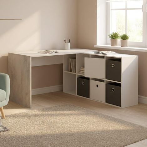 Bureau multifonction réversible multi-positions, table d'étude ou bureau porte PC avec étagère, 136x139h74 cm, blanc et ciment (1/5)