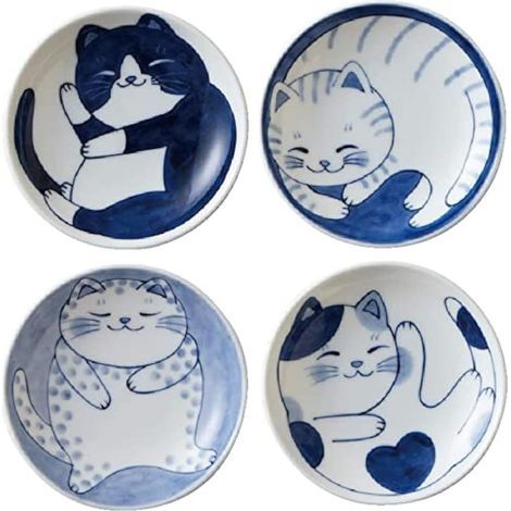 Service de 4 petites assiettes japonaises en céramique avec motif mignons de chats, pour apéritifs, desserts, sushi et sauces, dimensions 3,3 x 0,9 pouces (1/5)