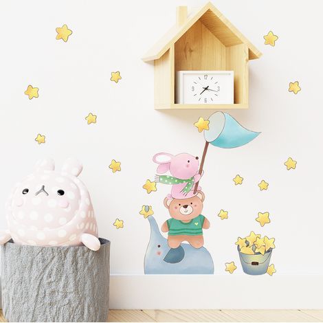 Autocollant mural de décoration de chambre d'enfant Petits animaux cueillant des étoiles, autocollants muraux de dessins animés, poster d'art mural (1/4)