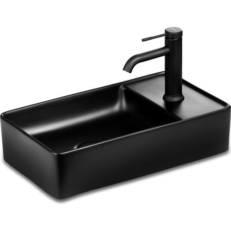 Gäste WC Waschbecken SOHO 2.0 in 46 x 25 cm Keramik für Wandmontage oder Aufsatzwaschbecken mit Hahnloch in Schwarz Matt:Hahnloch Rechts