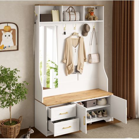 Armoire de hall 120x40x187 cm blanc et décor bois en MDF avec LED, miroir, crochets, tiroirs et assise (1/5)