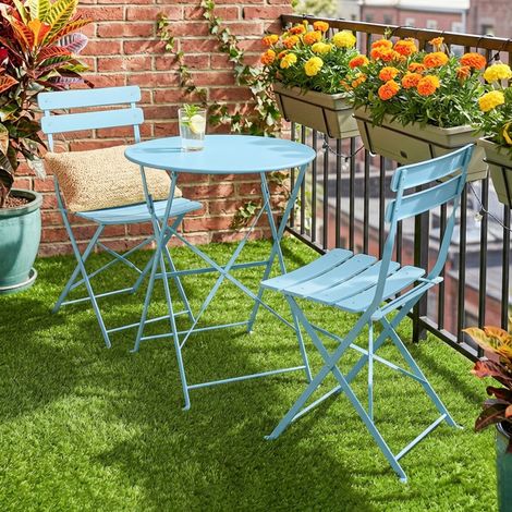 Set da bistrot da giardino composto da 3 pezzi: tavolo e 2 sedie pieghevoli a doghe, doppia protezione antiruggine, azzurro.