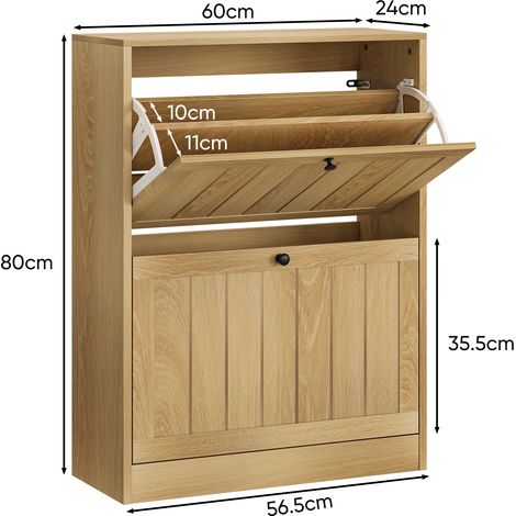 Zapatero de 60 cm color roble, zapatero independiente de estilo moderno de mediados de siglo, zapatero oculto con 2 cajones abatibles, adecuado para pasillos y recibidores. (1/5)