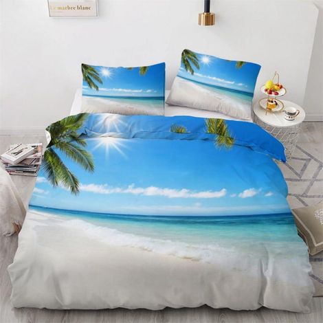 Bettwäsche-Set 220x240 cm 3-teilig Mikrofaser mit Palmen-Motiv und Reißverschluss