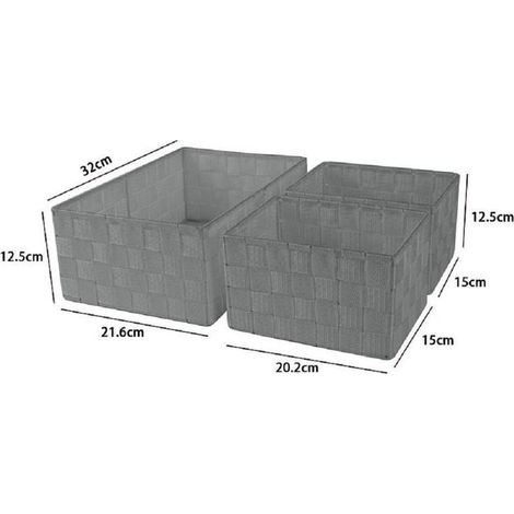 Set 3 Paniers D'emballage Objets D'organisation En Tissu Rectangulaire Salle De Bain Gris 69827