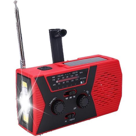 Chargeur de téléphone USB EDC solaire à manivelle, radio météo portable pour le camping et autres activités de plein air (rouge). (1/5)