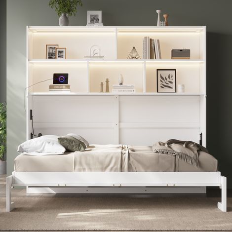 Cama abatible infantil de 90x200 cm con espacio de almacenamiento, iluminación LED, puertos USB y enchufes, base de lamas de MDF blanco. (1/5)