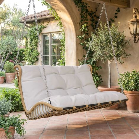 Balancelle suspendue 2 places en rotin PE beige avec coussins déhoussables, 2 chaînes, sans support, pour jardin