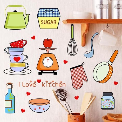 Sticker mural décoratif pour la maison, comprenant des ustensiles de cuisine de dessin animé et du papier peint. (1/5)