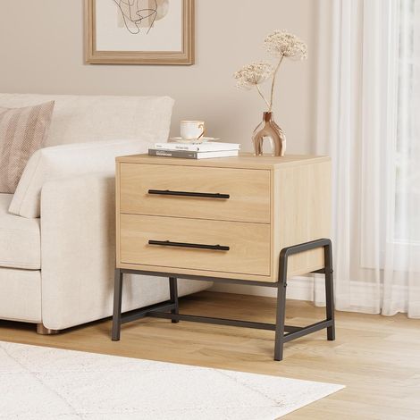 Table de Chevet Marron 2 Tiroirs, Meuble de Nuit Moderne avec Pieds Métalliques pour Chambre, Marron Clair (1/5)