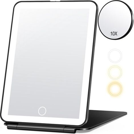 Ensemble de miroir de maquillage 1 pièce avec petit miroir rond grossissant x10 - Miroir de maquillage LED - Éclairage 3 couleurs - Miroir de maquillage lumineux portable (noir)