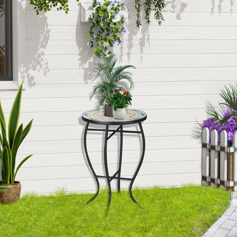 Table Ronde Jardin Auxiliaire Mosaïque Pieds Métalliques Terrasse Balcon Extérieur Aménagement Turquoise 35,5x35,5x53,5cm