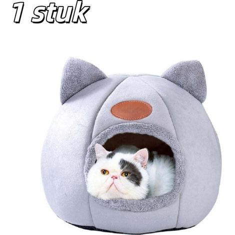 pièce - Panier pour chat - Fournitures pour animaux - Joli panier pour chat avec tête de chat - Panier pour animaux de compagnie - Semi-fermé - Chaud et doublé de polaire - Convient aux chats et aux c (1/5)