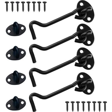 (Noir)Verrou Porte Coulissante 4 Pièces, Crochet Cabin 4 inch, Acier Inoxydable Porte Loquet, Crochet Fermeture Porte pour Serrures Porte de Grange Salle de Bain Fenêtre Porte Coulissante (1/5)