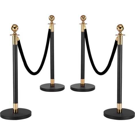 Poteau de guidage, ensemble de 4 barrières de contrôle des foules avec 2 cordes en velours noir, poteau de guidage robuste en acier inoxydable avec base creuse pour théâtre, fête, mariage, exposition, (1/5)