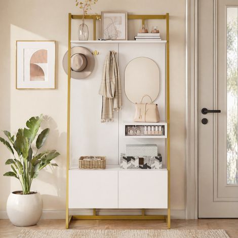 Mobile ingresso con specchio, ganci, porta scarpe, bianco OKMYHOME (1/5)