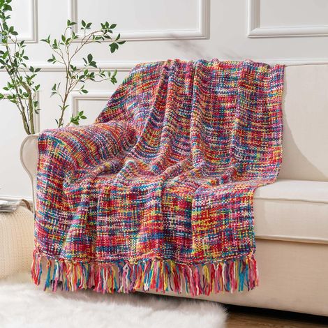 Couverture bohème colorée à franges, 127 x 152 cm, couverture de voyage décorative en tricot, couverture de sieste pour fauteuils, canapés et lits (1/5)