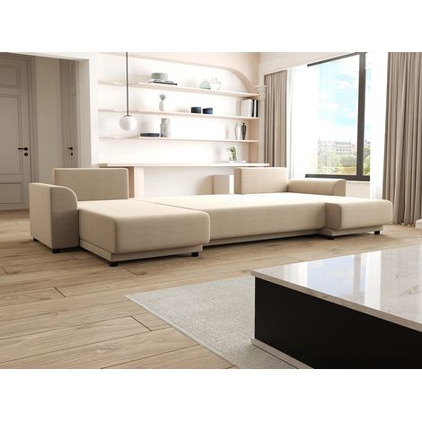Canapé d'angle panoramique convertible en tissu beige NESSARO (1/4)