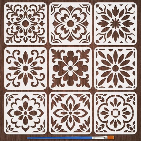 9Pcs Motifs de Carreaux pour la Peinture Au Pinceau 20x20cm Pochoir à Fleurs Réutilisable Pochoir à Fleurs Creusées Pochoirs en Plastique pour la Décoration de Meubles (1/5)