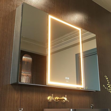 Armoire à Miroir de médecine de Salle de Bains éclairée par LED avec Prise et USB (100x70cm)