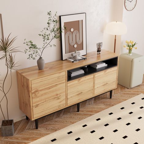 Buffet moderne en bois avec trois portes et étagères, 160 x 35 x 76 cm, assemblage simple, conception d'économie d'espace, robuste et fiable (1/4)