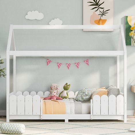 Lit enfant en bois 90x200 cm - couchette évolutive blanche pour garçon et fille - avec barrière de sécurité et sommier - sans matelas (1/5)
