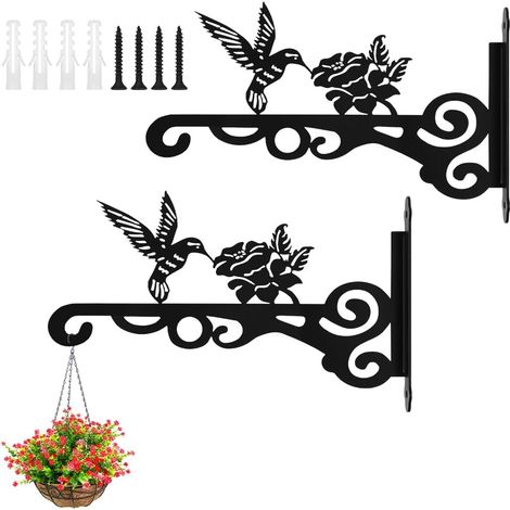 Supports de Panier à Suspendre pour extérieur, 2 Pcs Noir Support Crochet Plante Suspendues en Fer Forgé Support de Panier Suspendu à Montage Mural Décoration de Panier Suspendu, Motif Colibri (1/5)