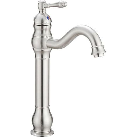 Robinet de lavabo de salle de bain à trou unique, robinet de lavabo à levier unique (Nickel brossé, haut, Équipé d'un tuyau de 60 cm de long de spécification 3/8'')