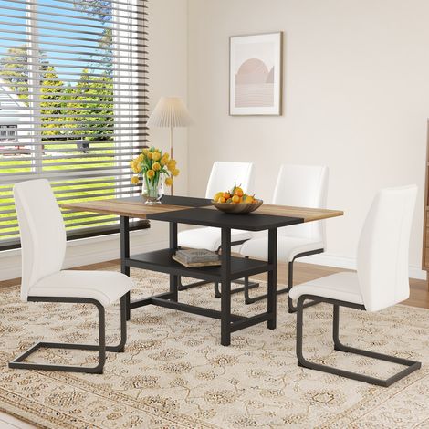 5-teiliges Essgruppen-Set mit Esstisch und 4 Stühlen mit Integrierter Ablage, MDF Metall und PU Weiß Holz (1/5)