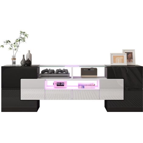 Meuble TV bas et élégant. Blanc brillant, 145 cm, éclairage LED, meuble de salon. Design moderne. Plateau en verre raffiné.