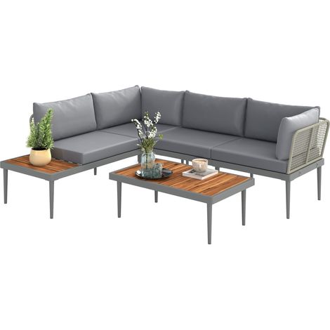 Salon de jardin extérieur - Outsunny - en bois d'acacia et acier - 4 places - canapé d'angle extérieur, table basse et coussins gris